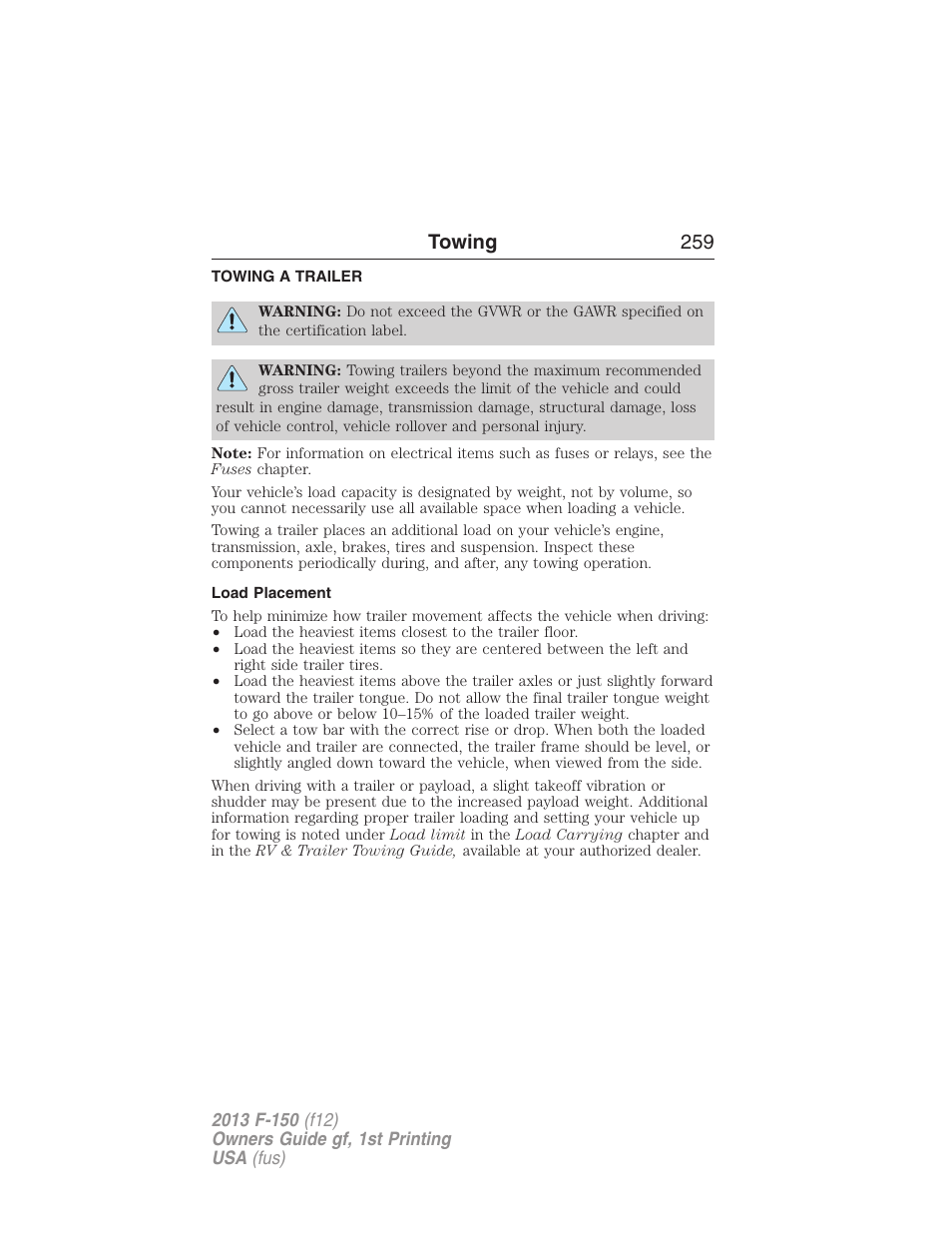 Towing, Towing a trailer, Load placement | Trailer towing, Towing 259 | FORD 2013 F-150 v.1 User Manual | Page 259 / 570