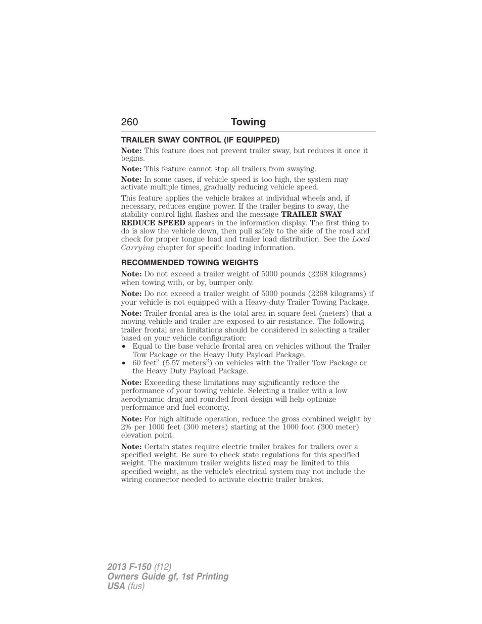 Trailer sway control (if equipped), Recommended towing weights, 260 towing | FORD 2013 F-150 v.1 User Manual | Page 260 / 570