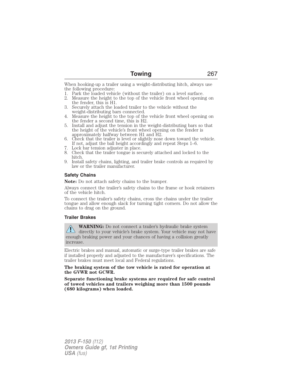 Safety chains, Trailer brakes, Towing 267 | FORD 2013 F-150 v.1 User Manual | Page 267 / 570