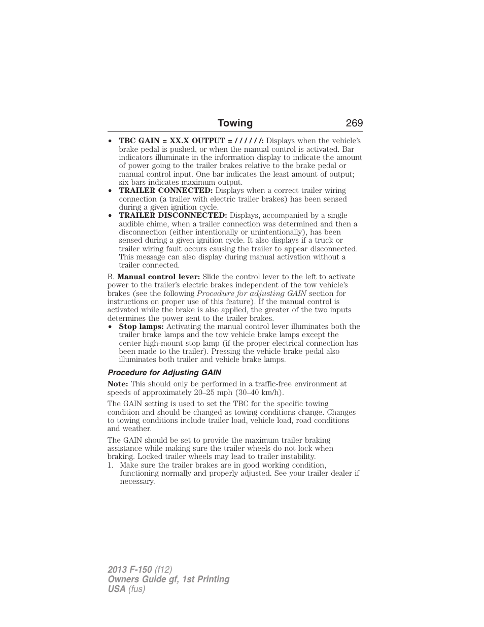 Procedure for adjusting gain, Towing 269 | FORD 2013 F-150 v.1 User Manual | Page 269 / 570