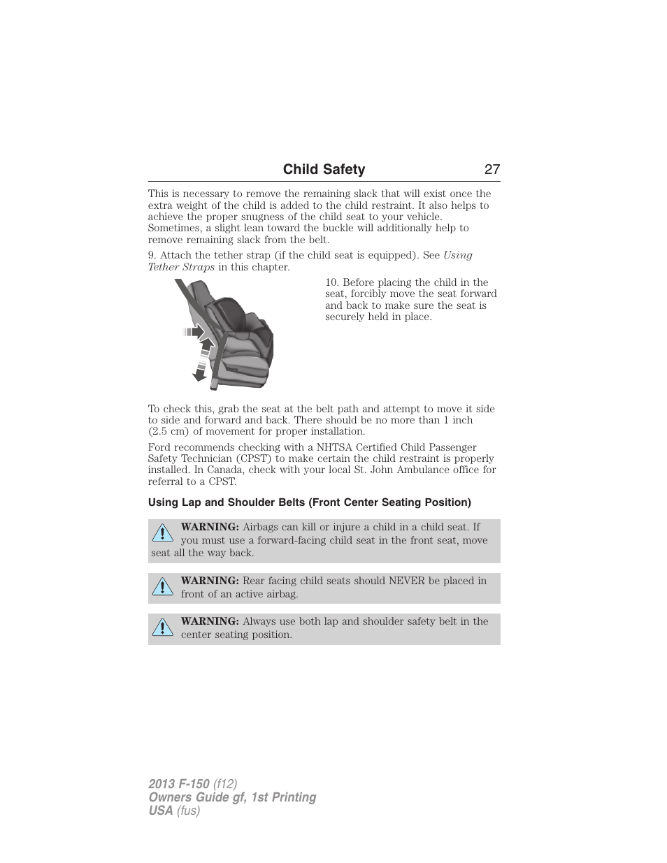 Child safety 27 | FORD 2013 F-150 v.1 User Manual | Page 27 / 570