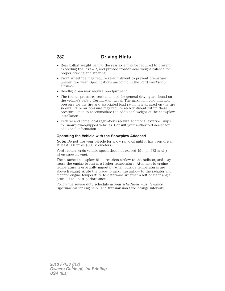 Operating the vehicle with the snowplow attached, 282 driving hints | FORD 2013 F-150 v.1 User Manual | Page 282 / 570