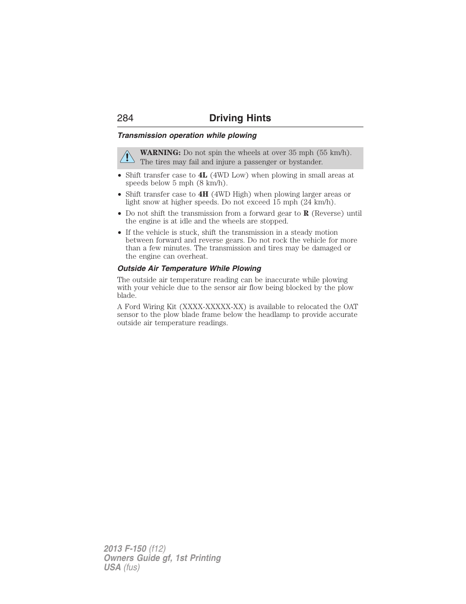Transmission operation while plowing, Outside air temperature while plowing, 284 driving hints | FORD 2013 F-150 v.1 User Manual | Page 284 / 570