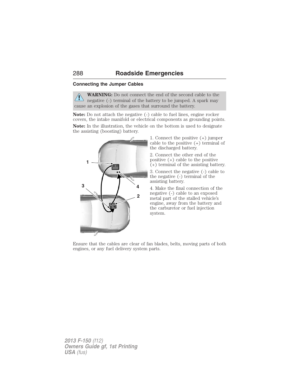 Connecting the jumper cables, 288 roadside emergencies | FORD 2013 F-150 v.1 User Manual | Page 288 / 570