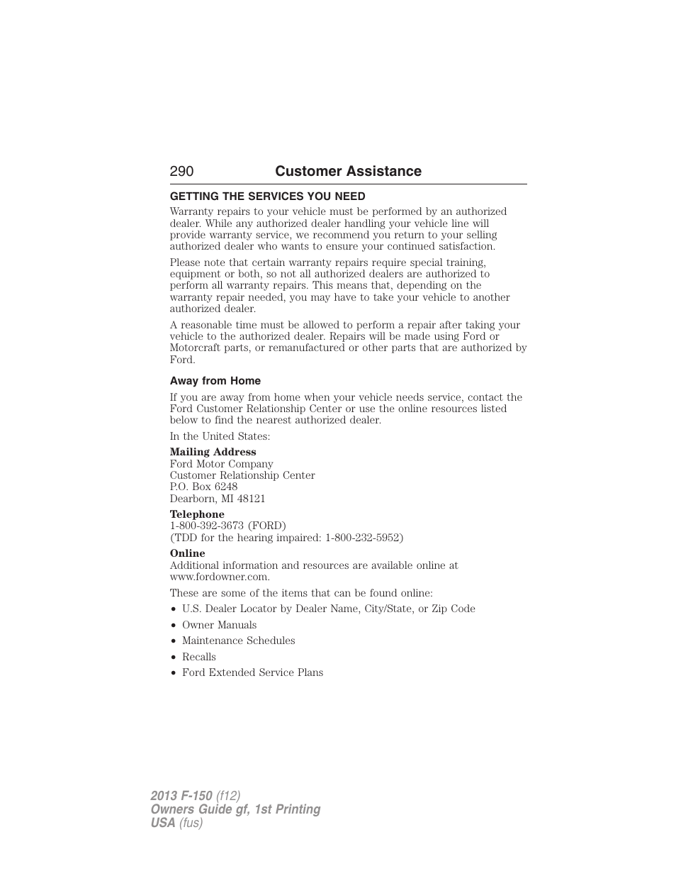 Customer assistance, Getting the services you need, Away from home | 290 customer assistance | FORD 2013 F-150 v.1 User Manual | Page 290 / 570