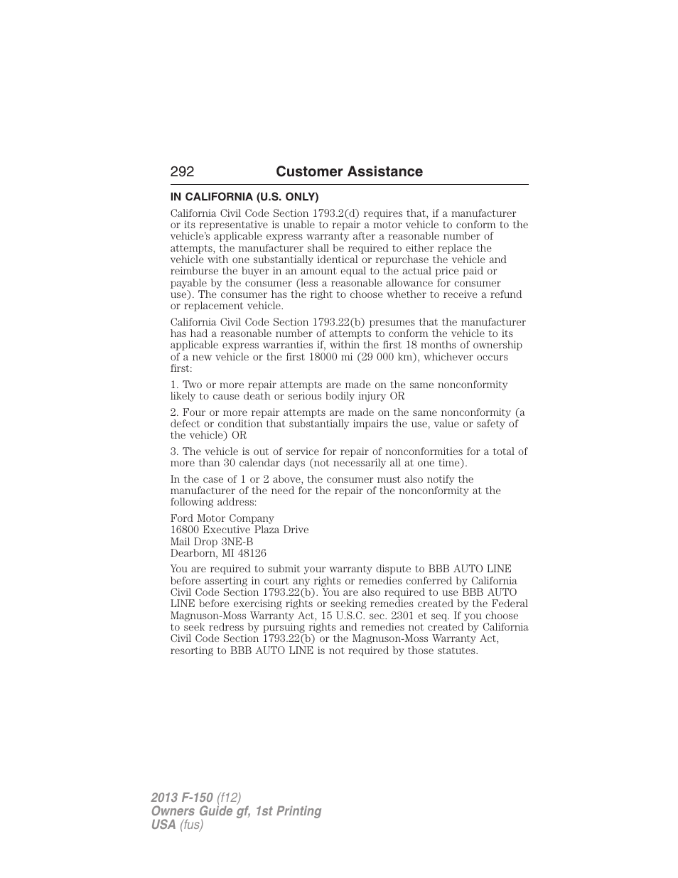 In california (u.s. only), 292 customer assistance | FORD 2013 F-150 v.1 User Manual | Page 292 / 570