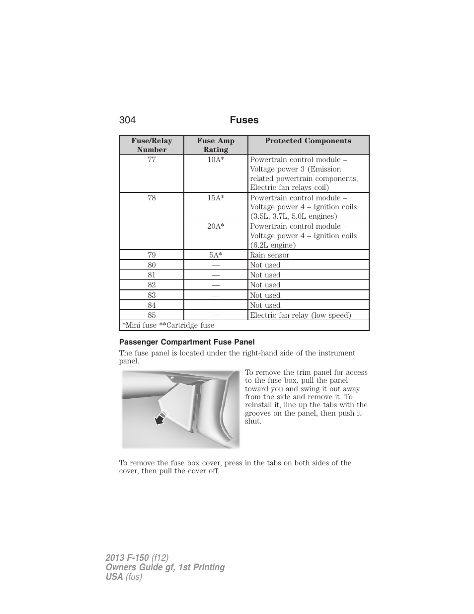 Passenger compartment fuse panel, 304 fuses | FORD 2013 F-150 v.1 User Manual | Page 304 / 570