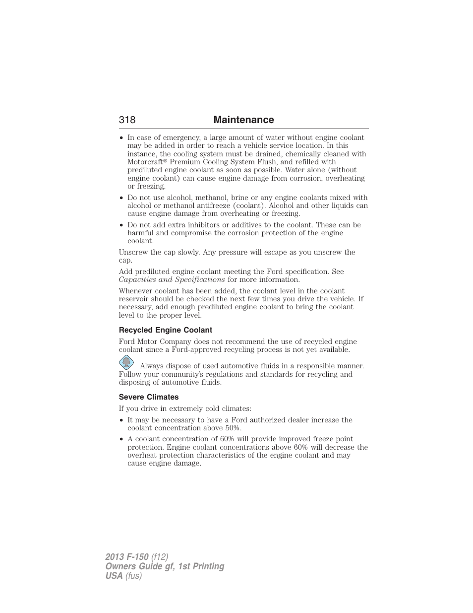 Recycled engine coolant, Severe climates, 318 maintenance | FORD 2013 F-150 v.1 User Manual | Page 318 / 570