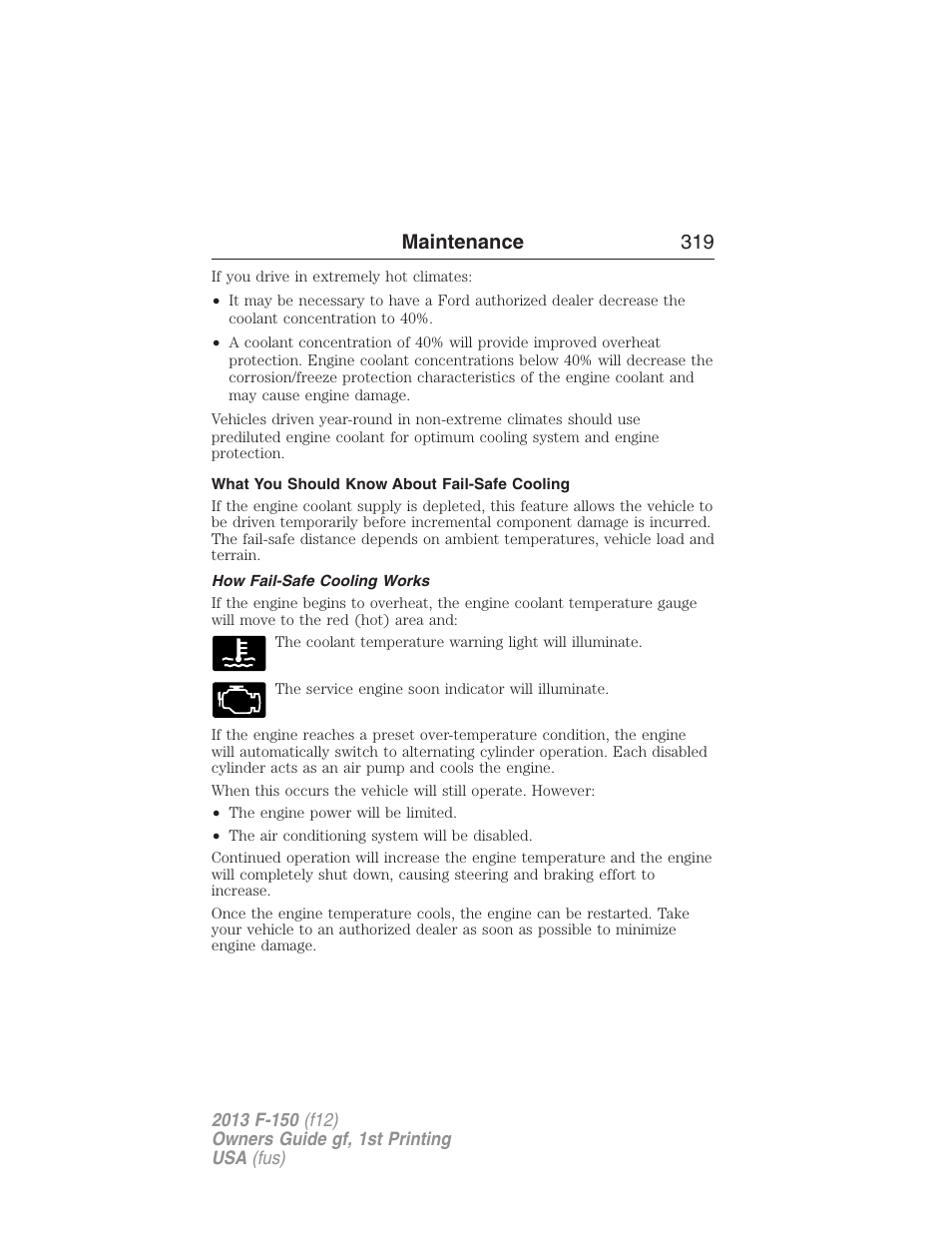 What you should know about fail-safe cooling, How fail-safe cooling works, Maintenance 319 | FORD 2013 F-150 v.1 User Manual | Page 319 / 570