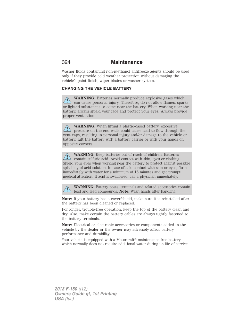 Changing the vehicle battery, Battery, 324 maintenance | FORD 2013 F-150 v.1 User Manual | Page 324 / 570