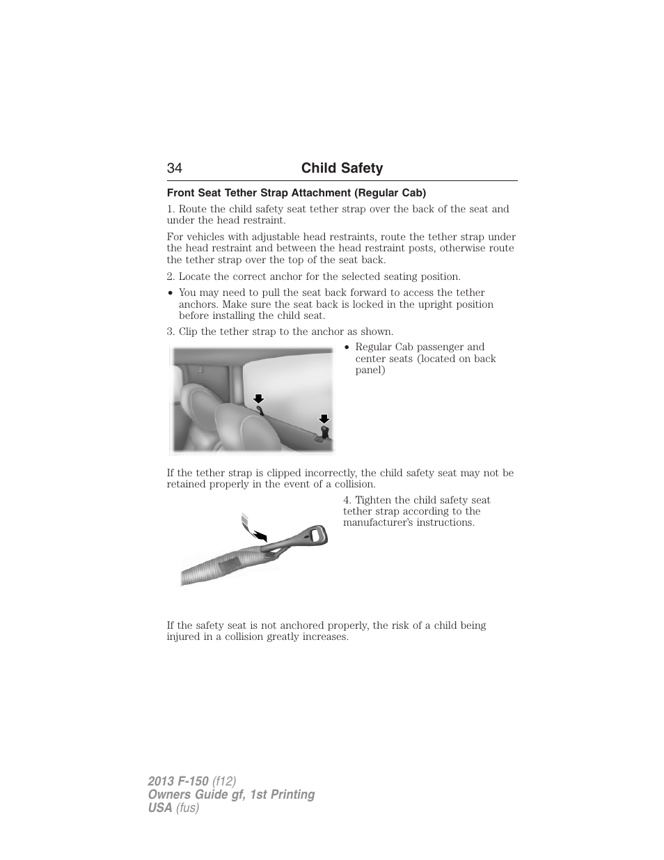 Front seat tether strap attachment (regular cab), 34 child safety | FORD 2013 F-150 v.1 User Manual | Page 34 / 570