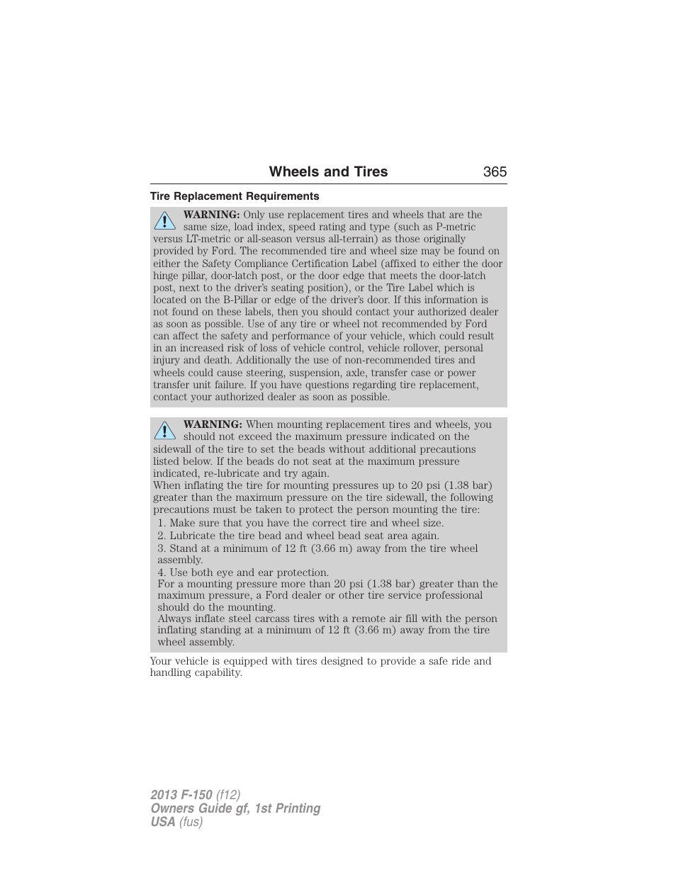 Tire replacement requirements, Wheels and tires 365 | FORD 2013 F-150 v.1 User Manual | Page 365 / 570