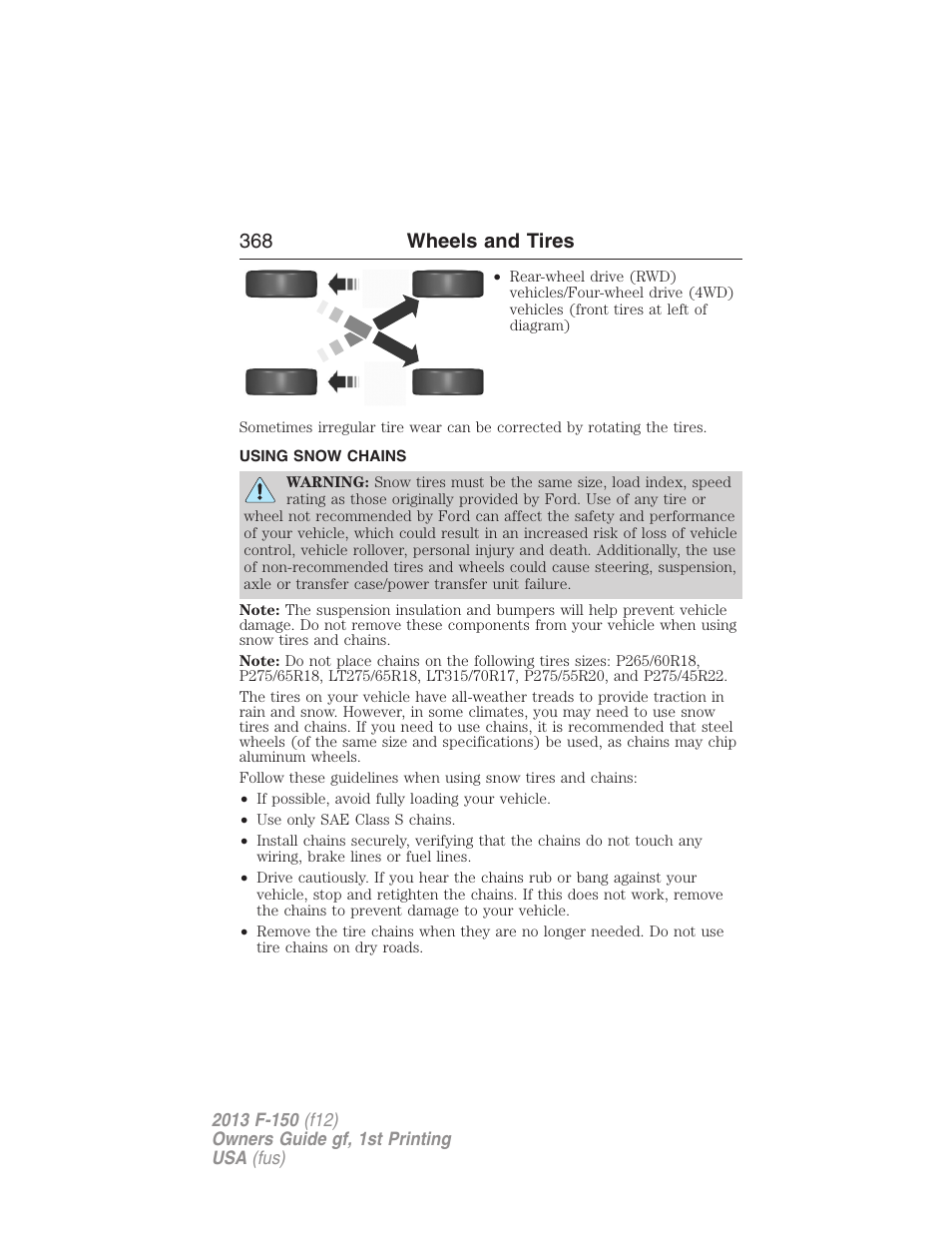 Using snow chains, 368 wheels and tires | FORD 2013 F-150 v.1 User Manual | Page 368 / 570