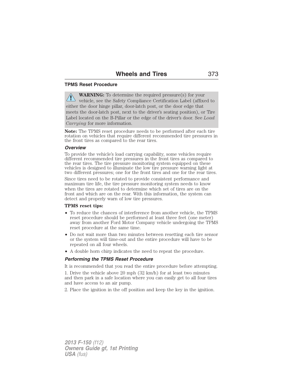 Tpms reset procedure, Overview, Performing the tpms reset procedure | Wheels and tires 373 | FORD 2013 F-150 v.1 User Manual | Page 373 / 570