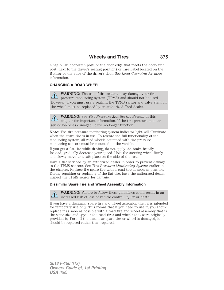 Changing a road wheel, Wheels and tires 375 | FORD 2013 F-150 v.1 User Manual | Page 375 / 570