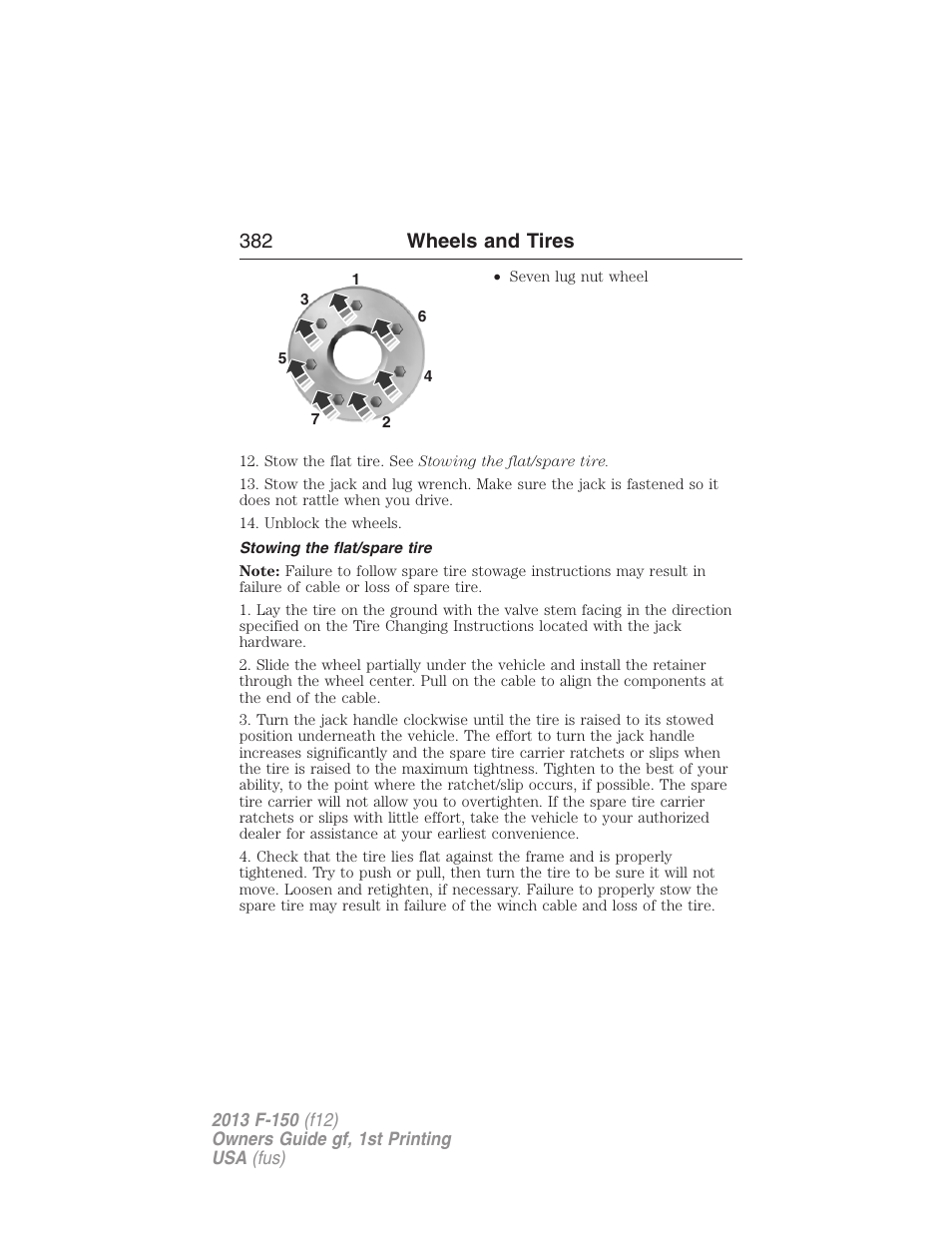 Stowing the flat/spare tire, 382 wheels and tires | FORD 2013 F-150 v.1 User Manual | Page 382 / 570