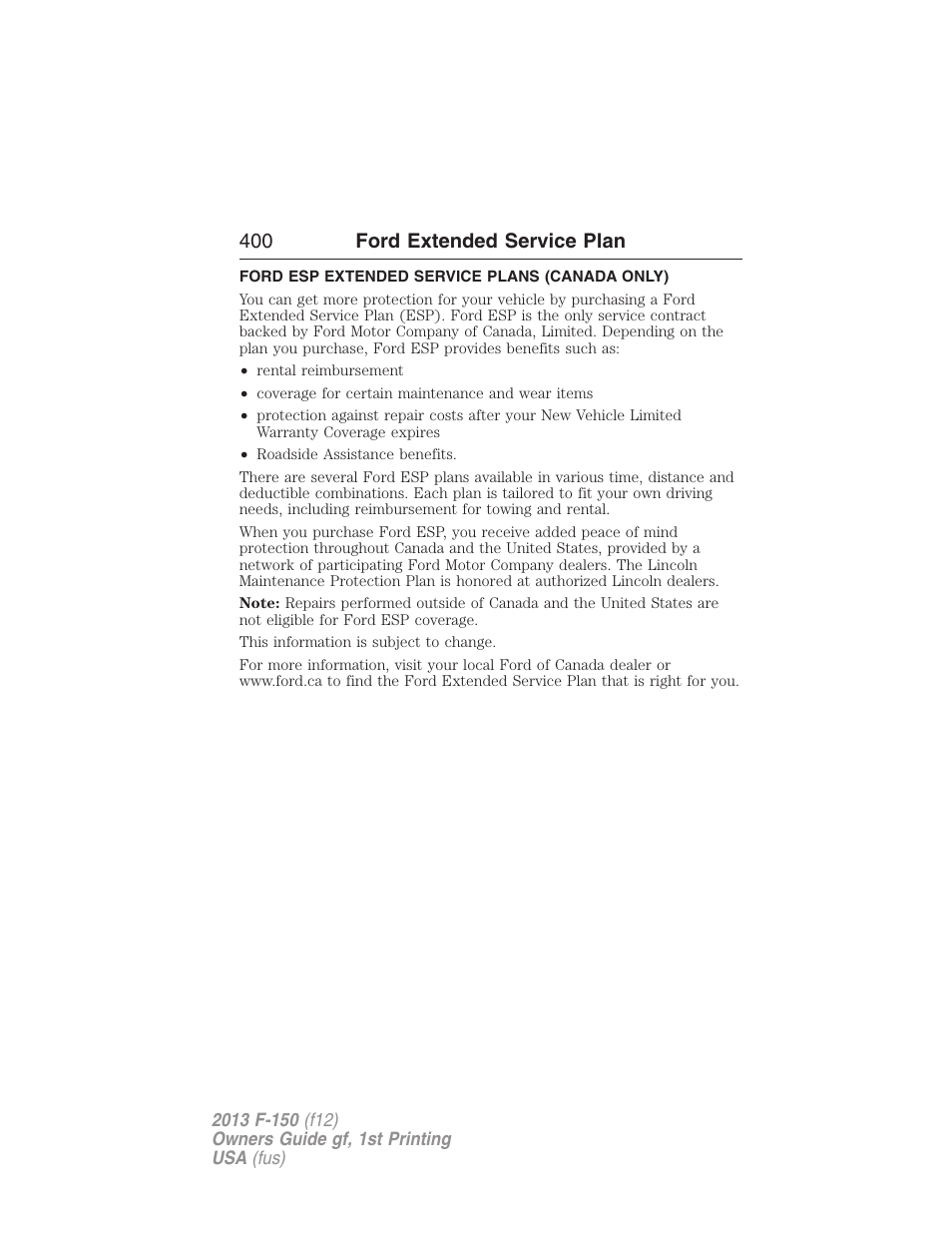 Ford esp extended service plans (canada only), 400 ford extended service plan | FORD 2013 F-150 v.1 User Manual | Page 400 / 570