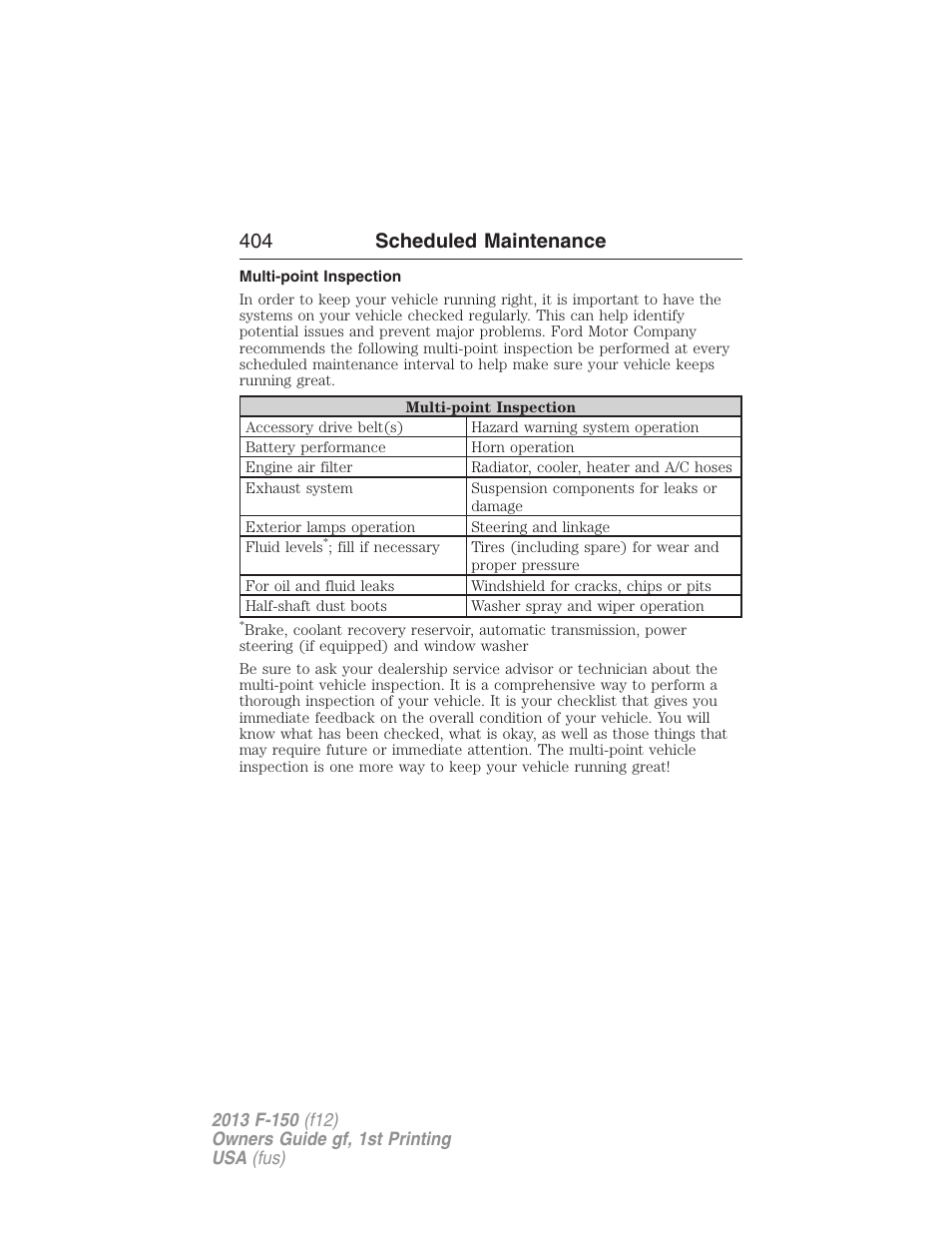 Multi-point inspection, 404 scheduled maintenance | FORD 2013 F-150 v.1 User Manual | Page 404 / 570