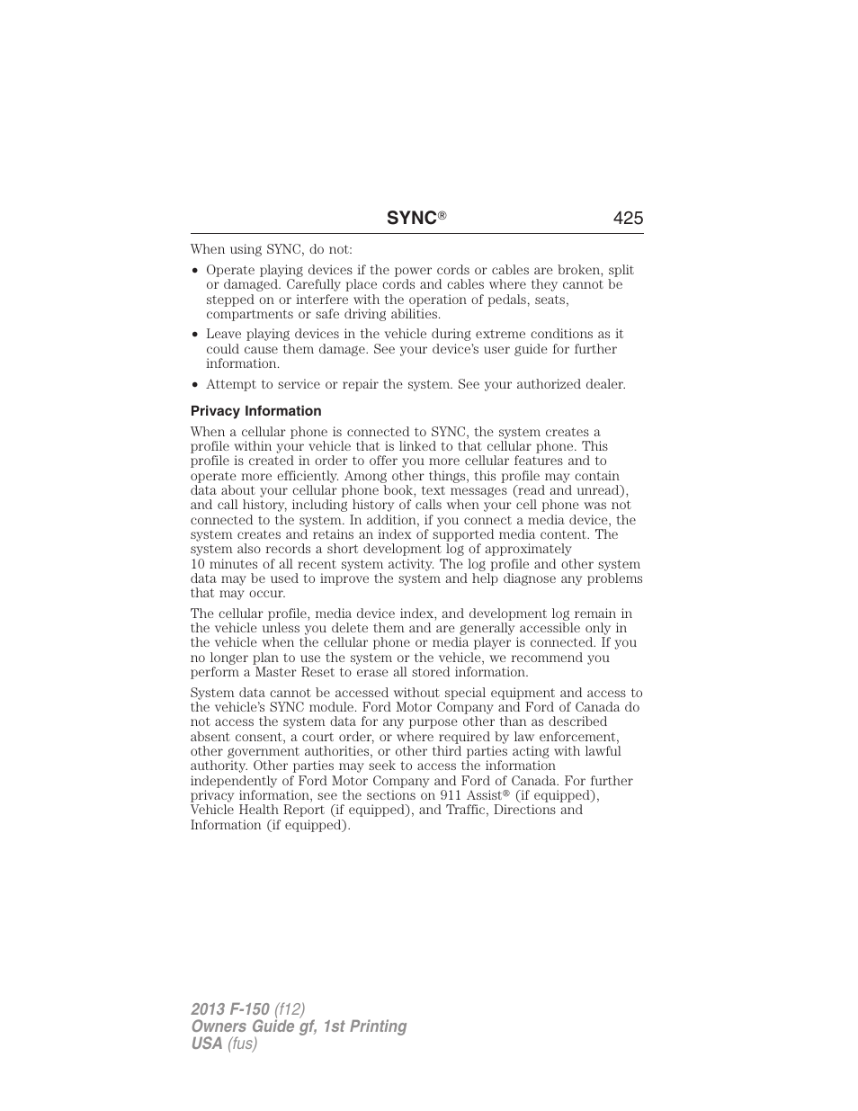 Privacy information, Sync ா 425 | FORD 2013 F-150 v.1 User Manual | Page 425 / 570