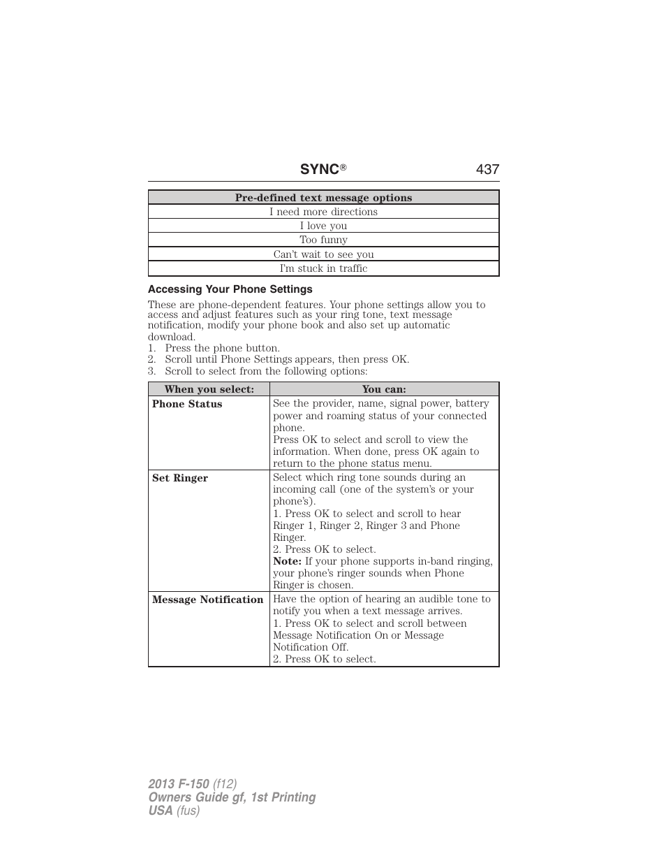 Accessing your phone settings, Sync ா 437 | FORD 2013 F-150 v.1 User Manual | Page 437 / 570