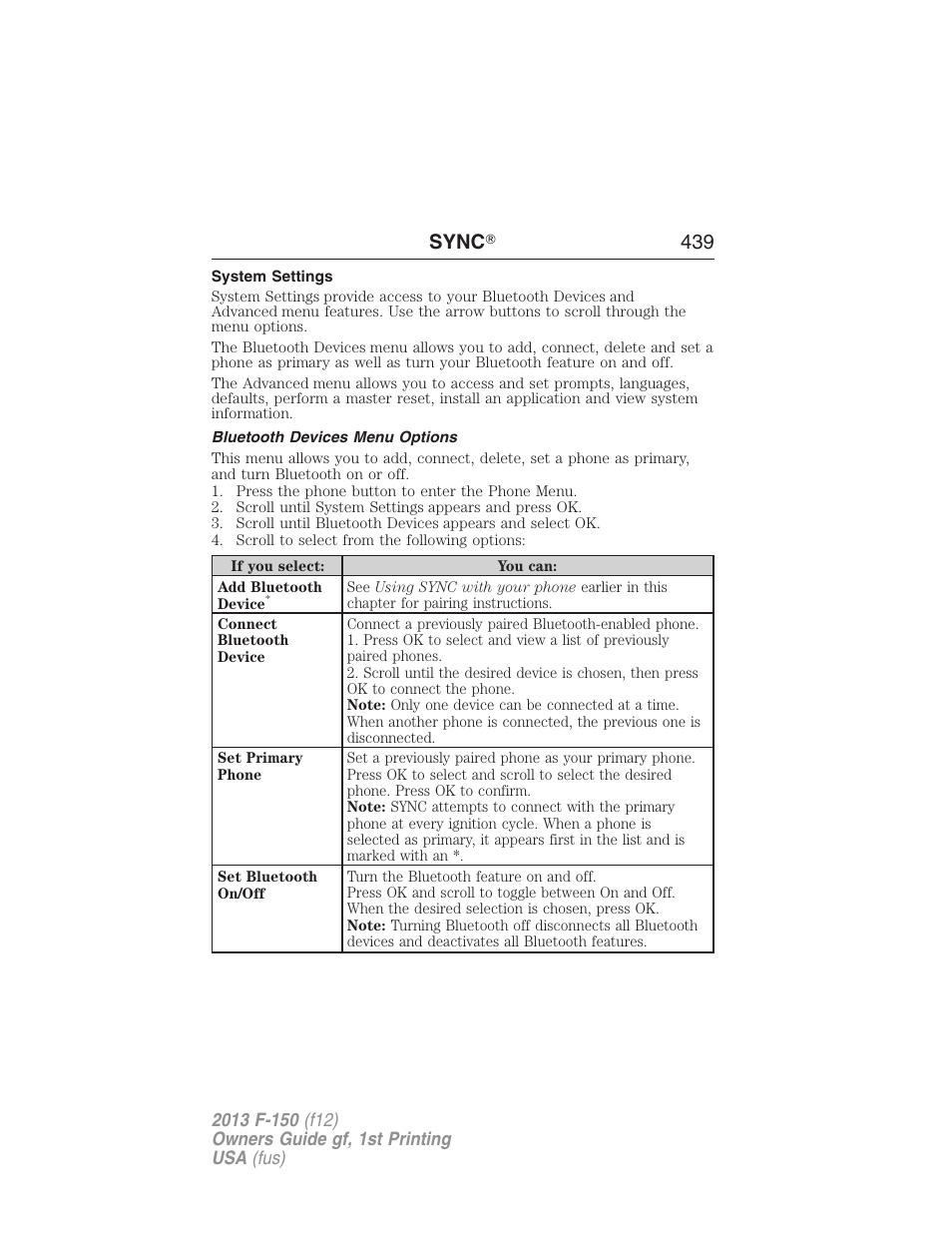 System settings, Bluetooth devices menu options, Sync ா 439 | FORD 2013 F-150 v.1 User Manual | Page 439 / 570