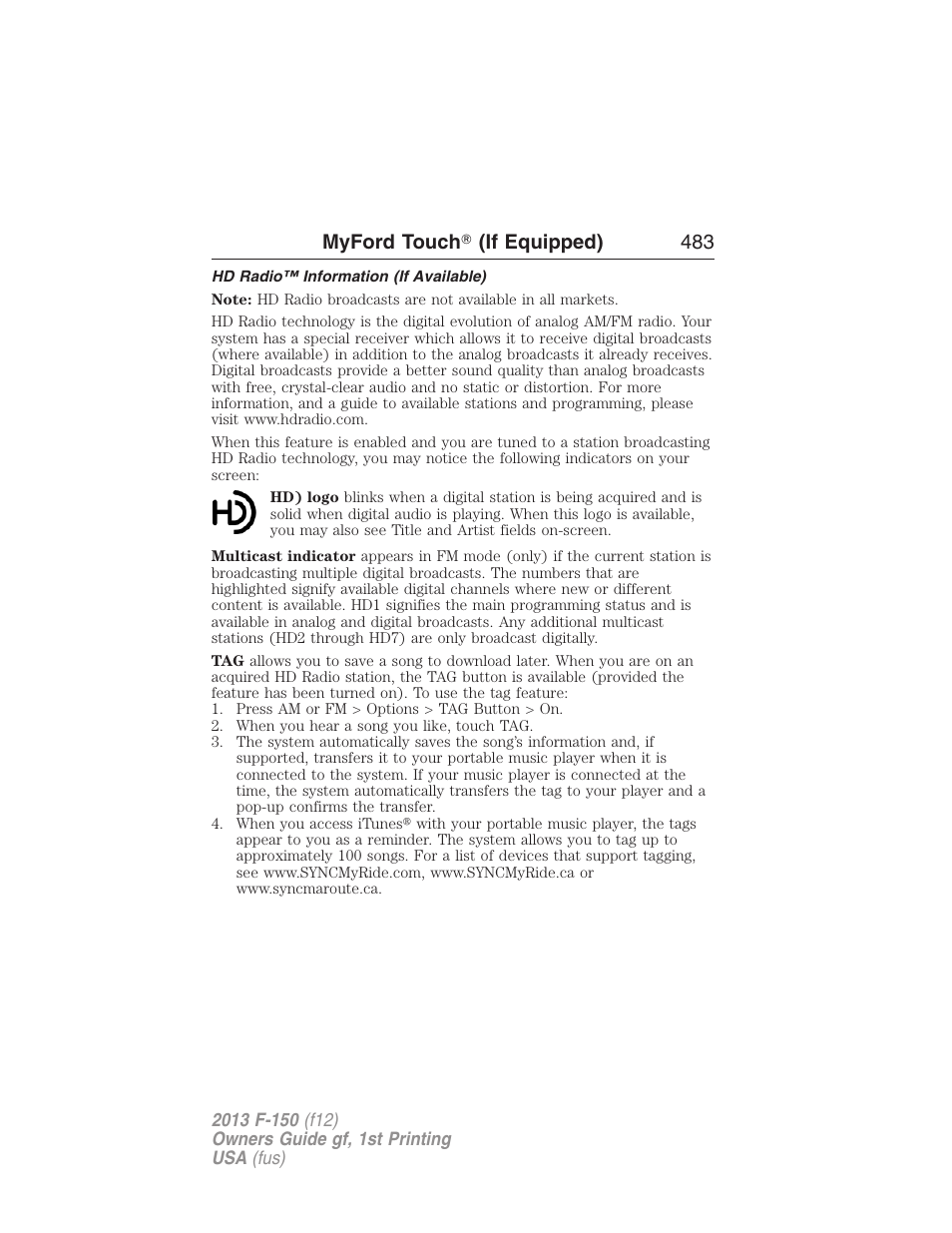 Hd radio™ information (if available), Myford touch ா (if equipped) 483 | FORD 2013 F-150 v.1 User Manual | Page 483 / 570