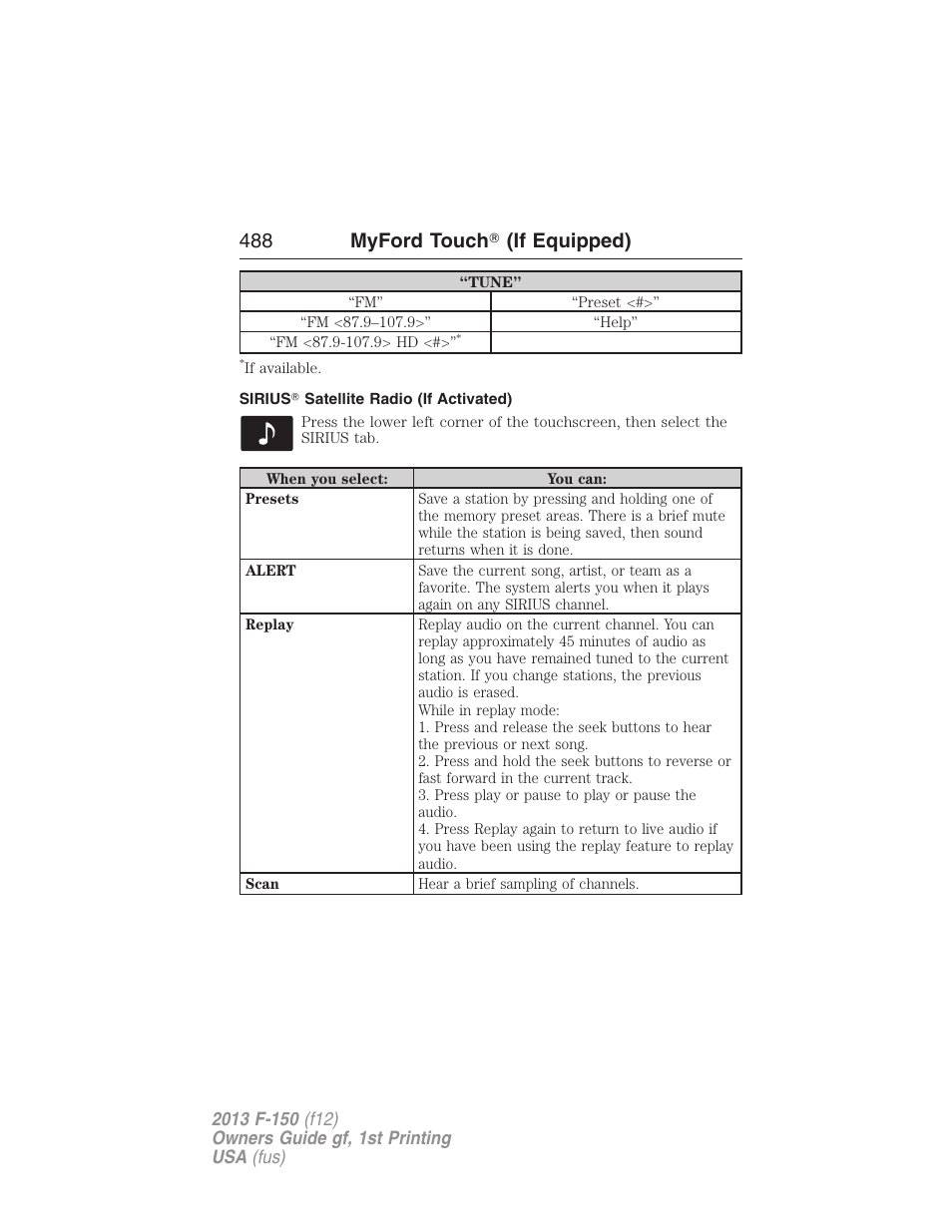 Sirius? satellite radio (if activated), 488 myford touch ா (if equipped) | FORD 2013 F-150 v.1 User Manual | Page 488 / 570
