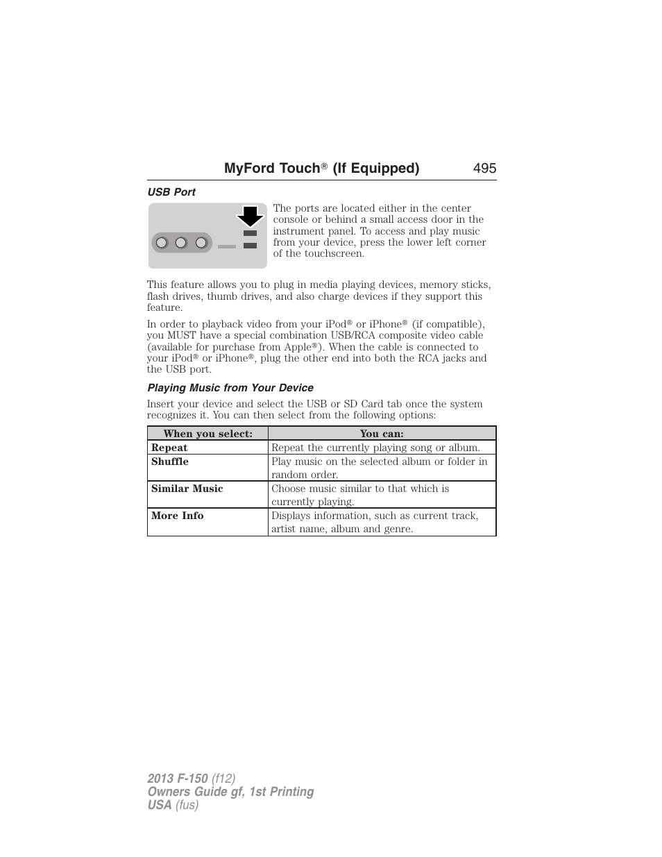 Usb port, Playing music from your device, Myford touch ா (if equipped) 495 | FORD 2013 F-150 v.1 User Manual | Page 495 / 570