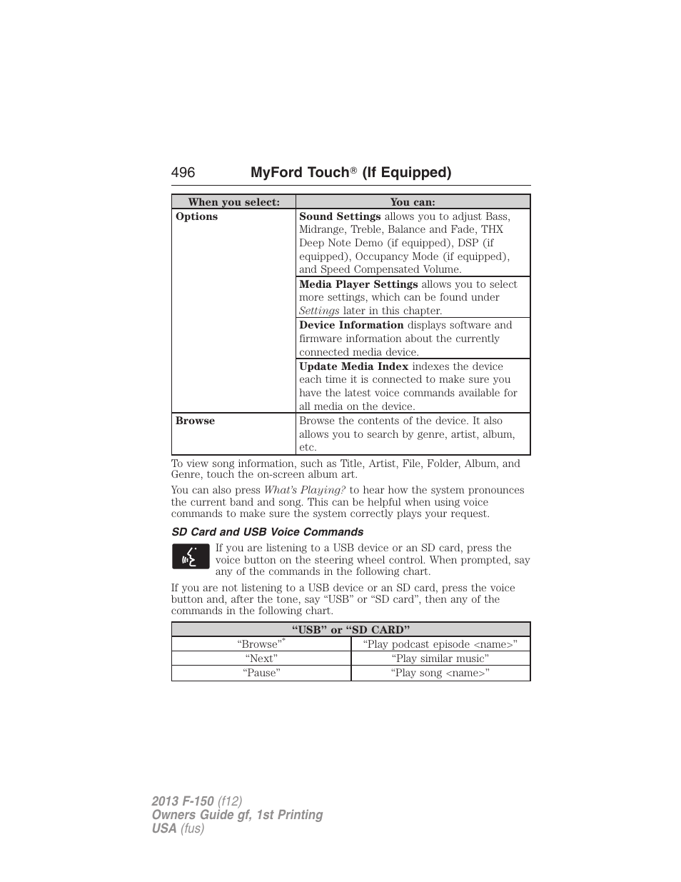 Sd card and usb voice commands, 496 myford touch ா (if equipped) | FORD 2013 F-150 v.1 User Manual | Page 496 / 570