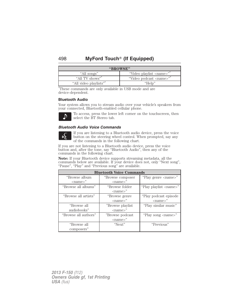 Bluetooth audio, Bluetooth audio voice commands, 498 myford touch ா (if equipped) | FORD 2013 F-150 v.1 User Manual | Page 498 / 570