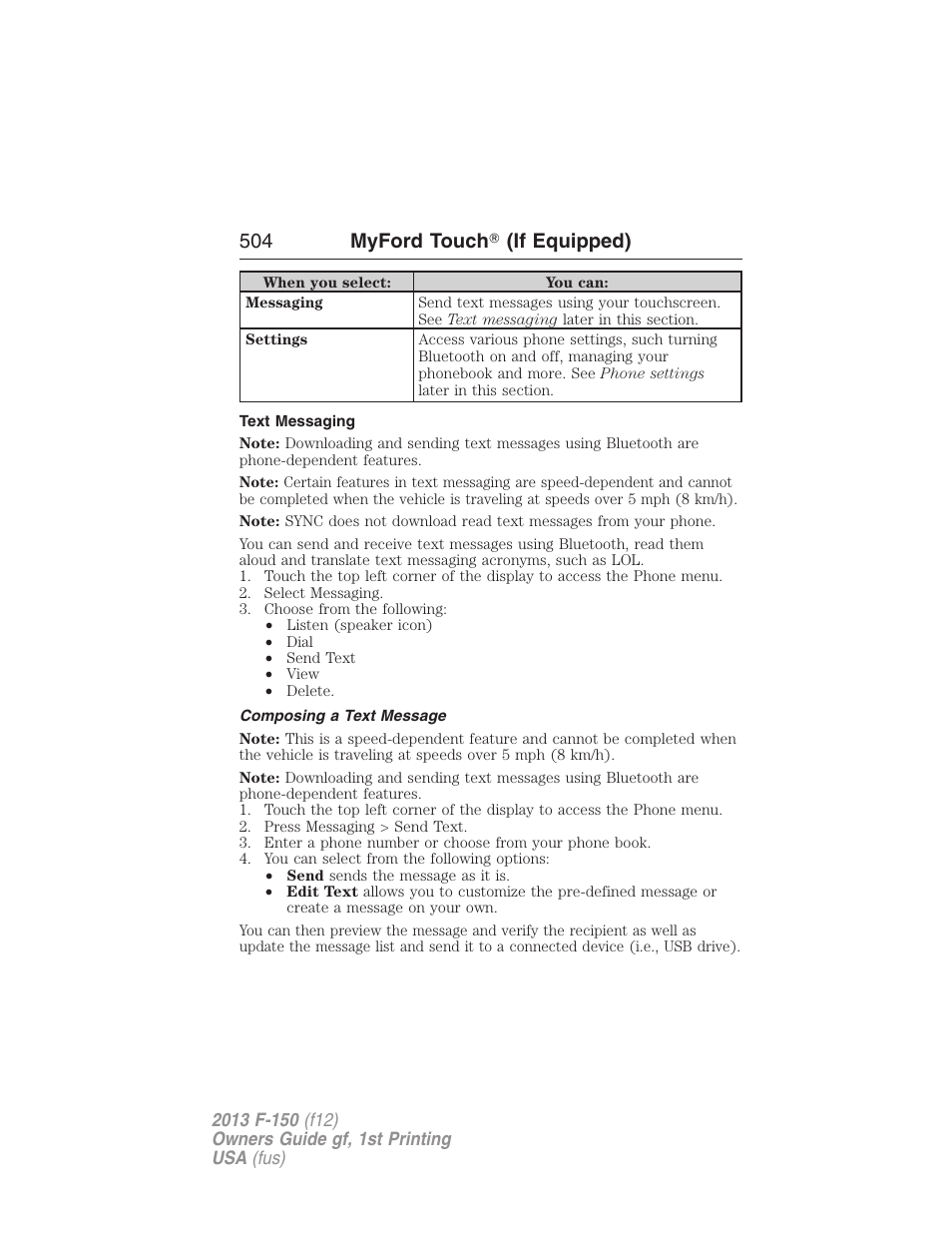 Text messaging, Composing a text message, 504 myford touch ா (if equipped) | FORD 2013 F-150 v.1 User Manual | Page 504 / 570