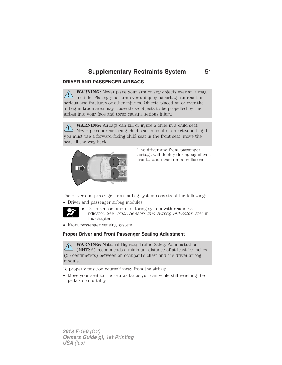 Driver and passenger airbags, Supplementary restraints system 51 | FORD 2013 F-150 v.1 User Manual | Page 51 / 570