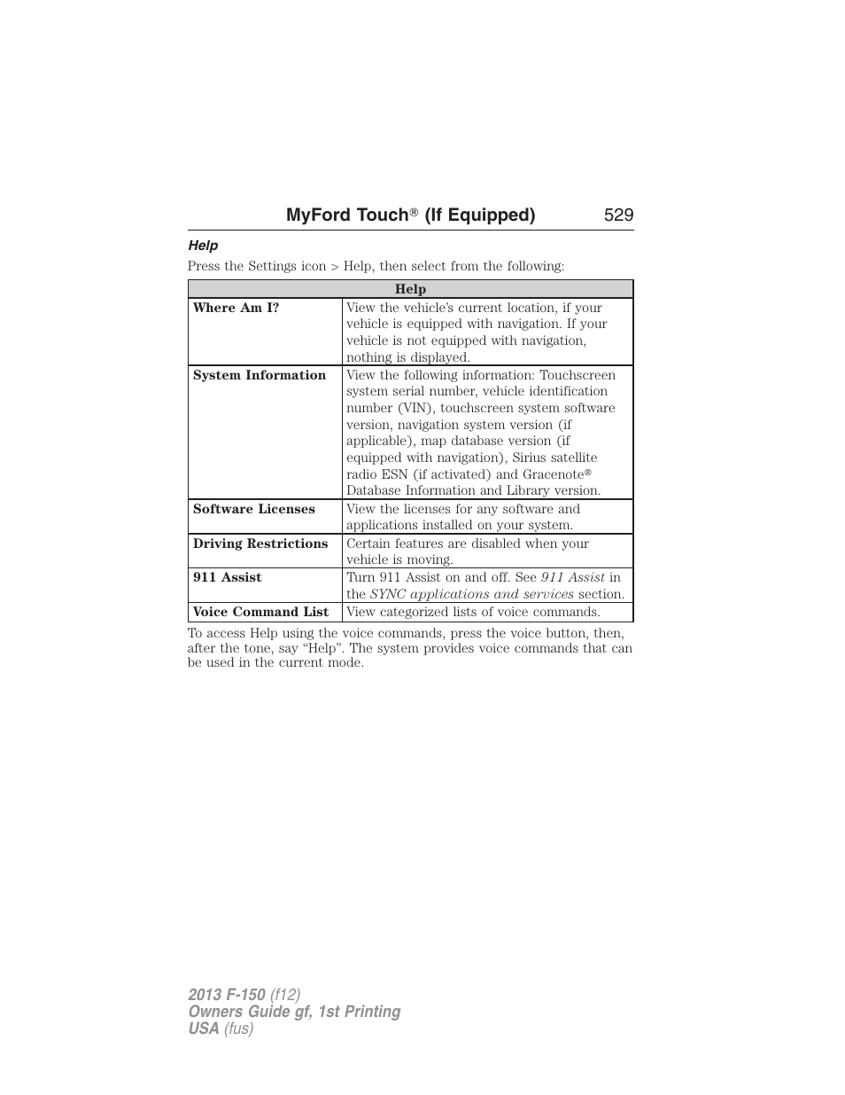 Help, Myford touch ா (if equipped) 529 | FORD 2013 F-150 v.1 User Manual | Page 529 / 570