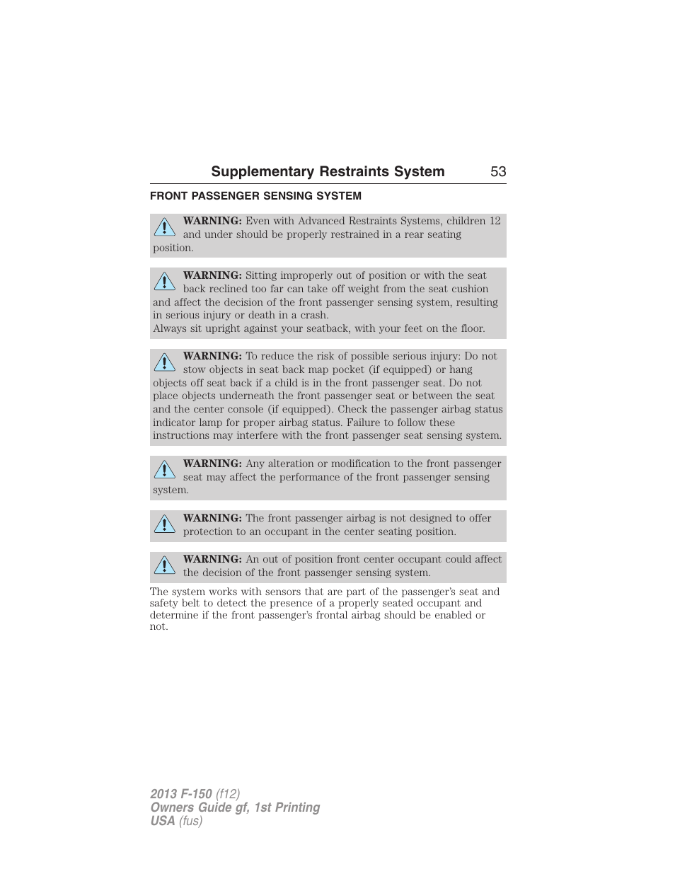 Front passenger sensing system, Supplementary restraints system 53 | FORD 2013 F-150 v.1 User Manual | Page 53 / 570