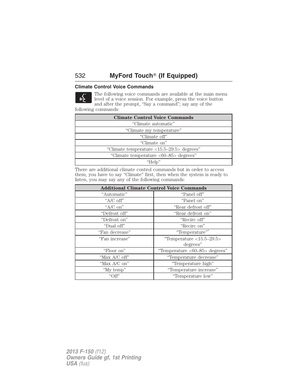 Climate control voice commands, 532 myford touch ா (if equipped) | FORD 2013 F-150 v.1 User Manual | Page 532 / 570