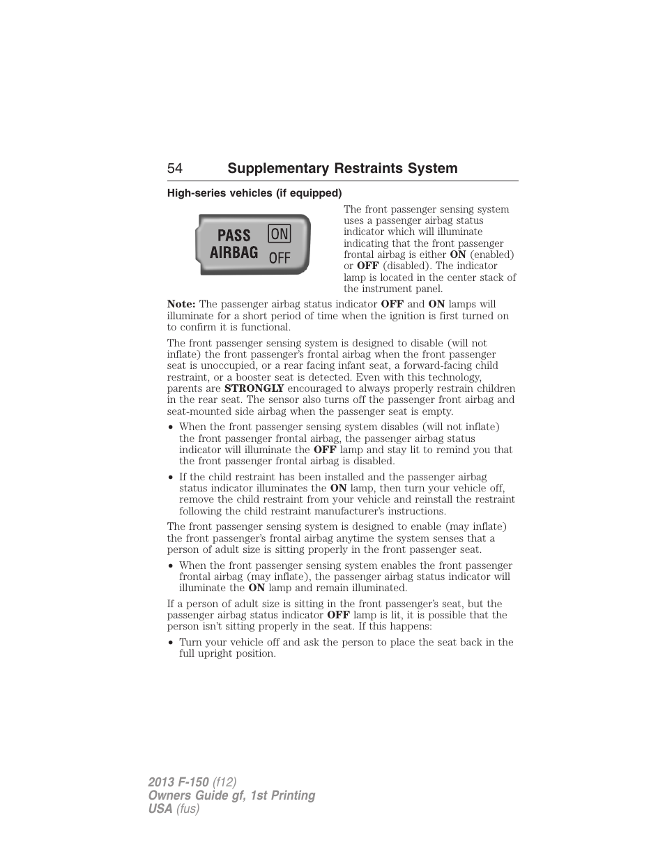 High-series vehicles (if equipped), 54 supplementary restraints system | FORD 2013 F-150 v.1 User Manual | Page 54 / 570