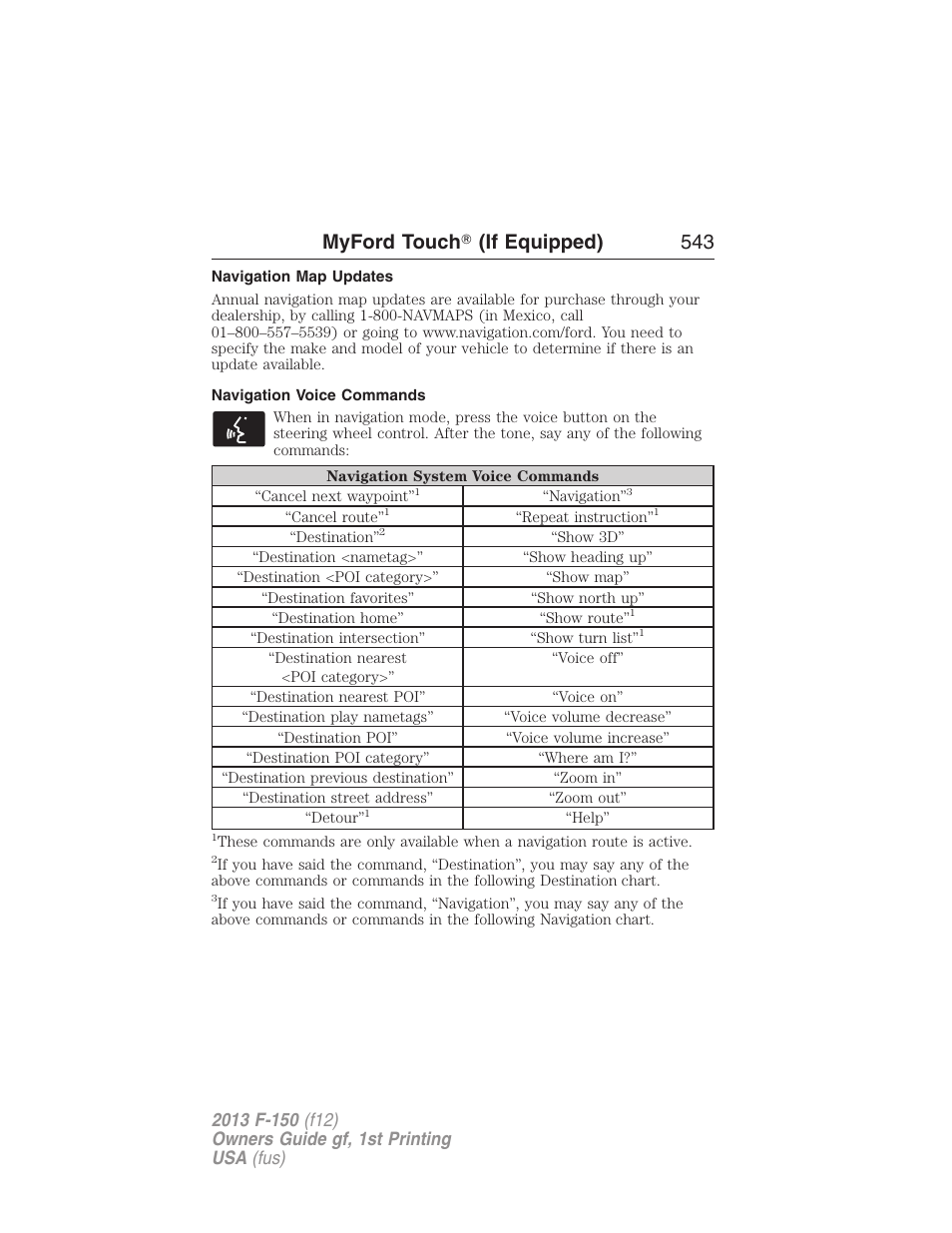 Navigation map updates, Navigation voice commands, Myford touch ா (if equipped) 543 | FORD 2013 F-150 v.1 User Manual | Page 543 / 570