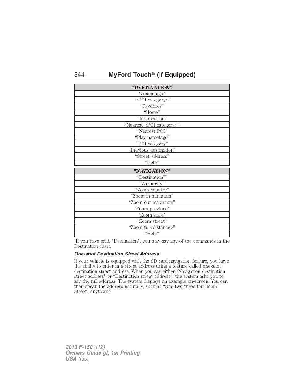 One-shot destination street address, 544 myford touch ா (if equipped) | FORD 2013 F-150 v.1 User Manual | Page 544 / 570