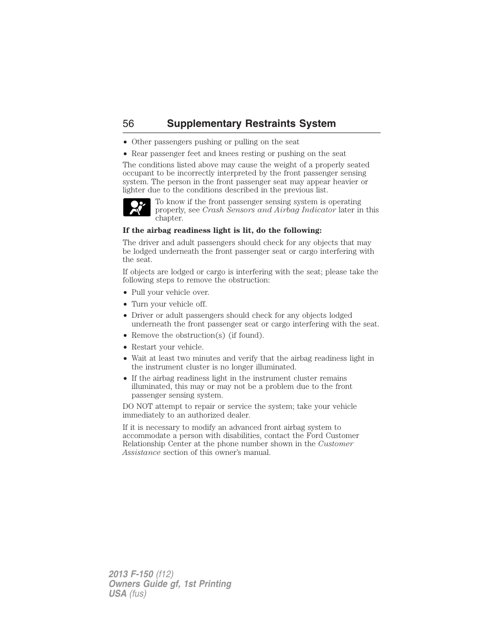 56 supplementary restraints system | FORD 2013 F-150 v.1 User Manual | Page 56 / 570