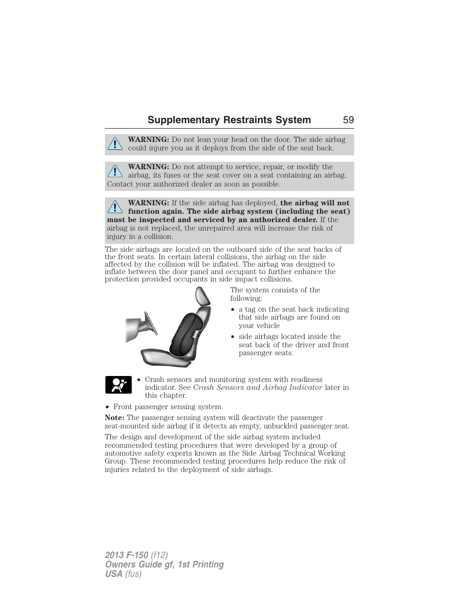 Supplementary restraints system 59 | FORD 2013 F-150 v.1 User Manual | Page 59 / 570