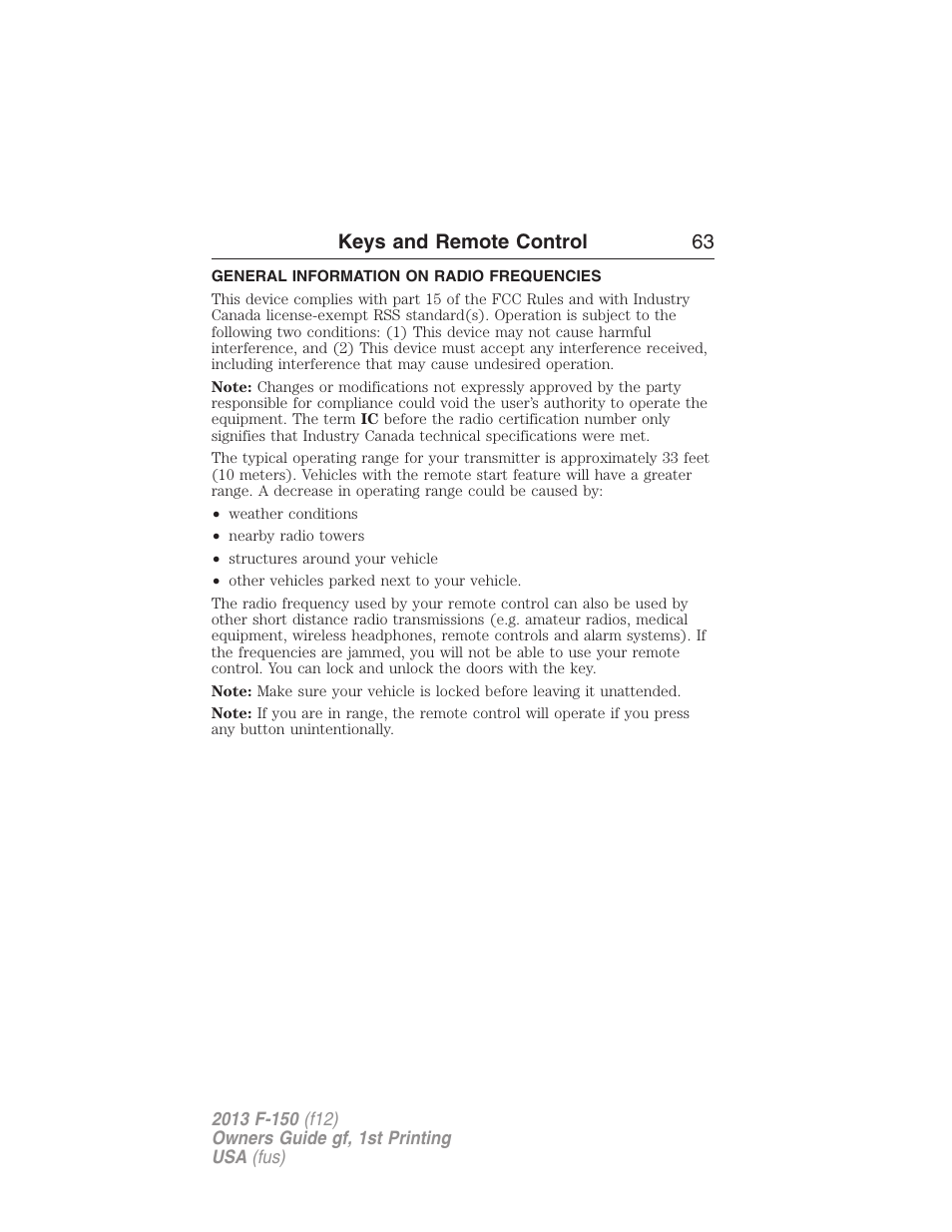 Keys and remote control, General information on radio frequencies, Keys and remote control 63 | FORD 2013 F-150 v.1 User Manual | Page 63 / 570