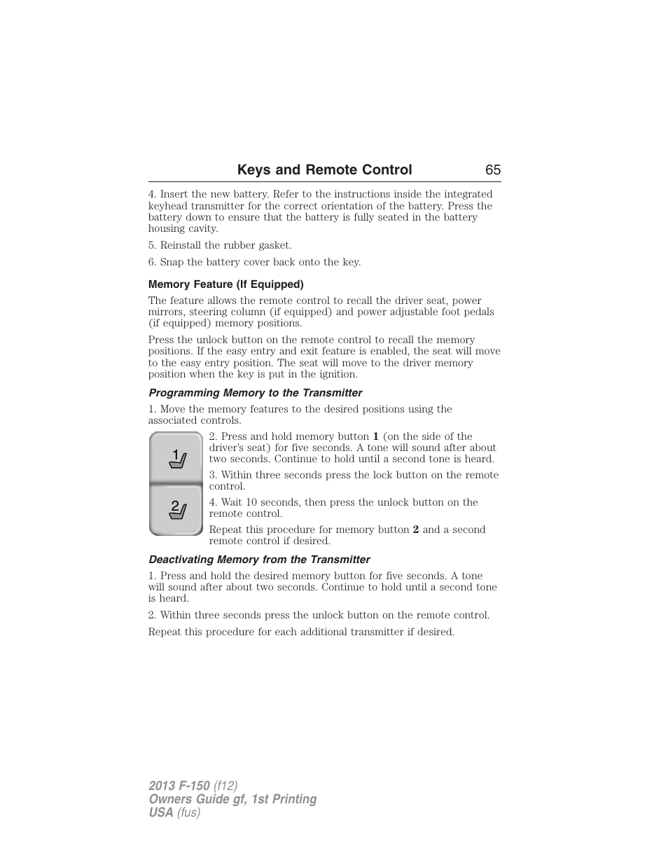 Memory feature (if equipped), Programming memory to the transmitter, Deactivating memory from the transmitter | 21 keys and remote control 65 | FORD 2013 F-150 v.1 User Manual | Page 65 / 570