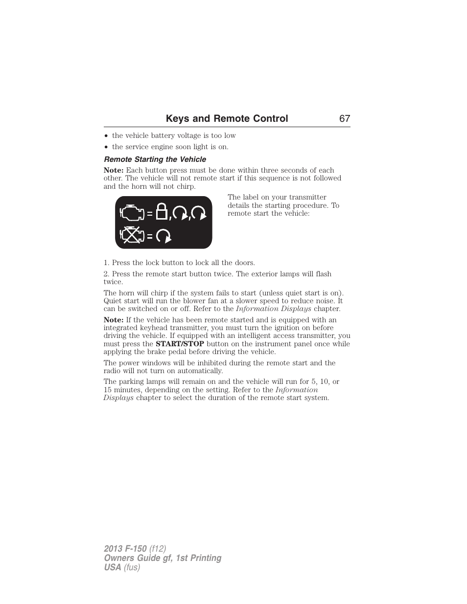 Remote starting the vehicle, Keys and remote control 67 | FORD 2013 F-150 v.1 User Manual | Page 67 / 570