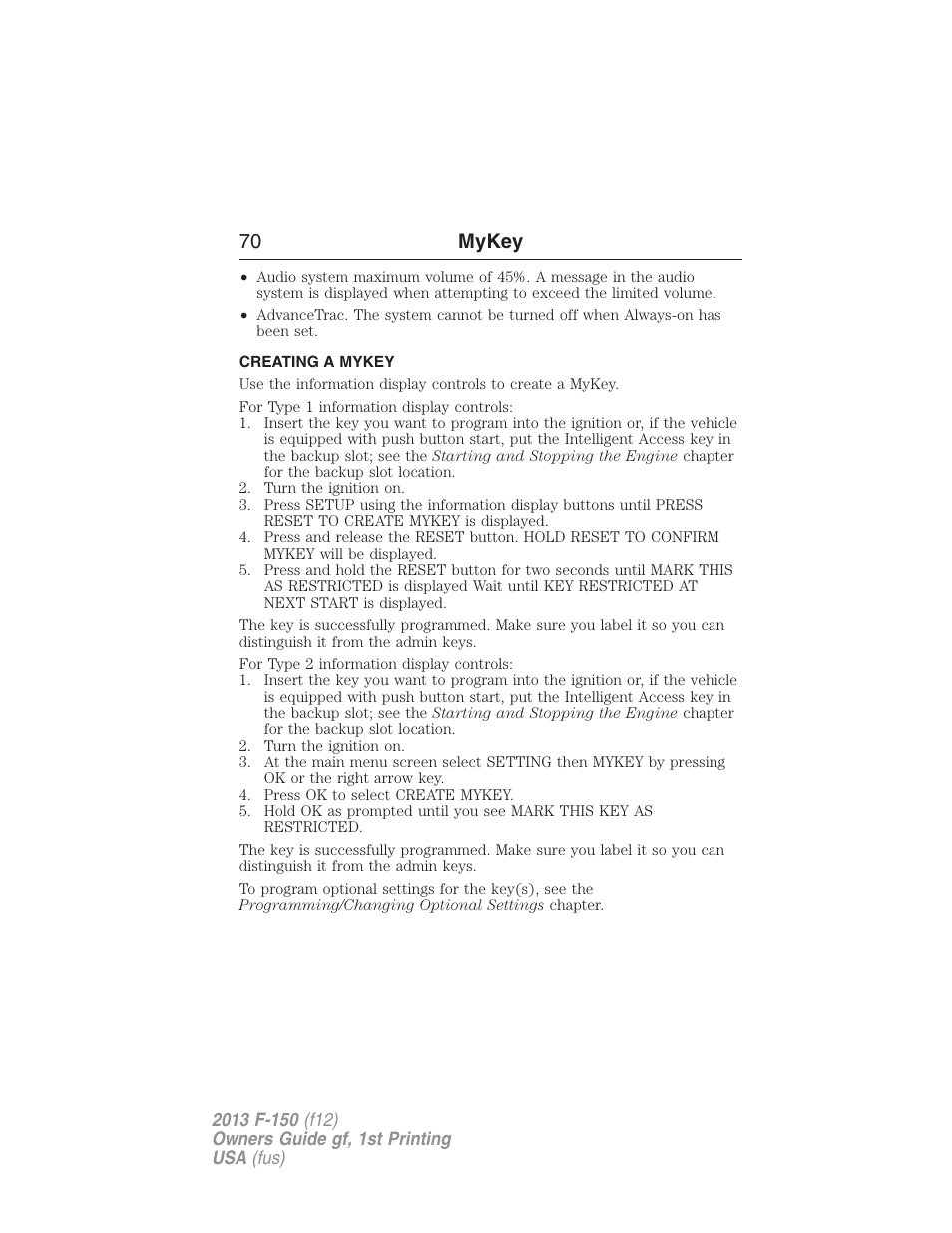 Creating a mykey, Creating, 70 mykey | FORD 2013 F-150 v.1 User Manual | Page 70 / 570