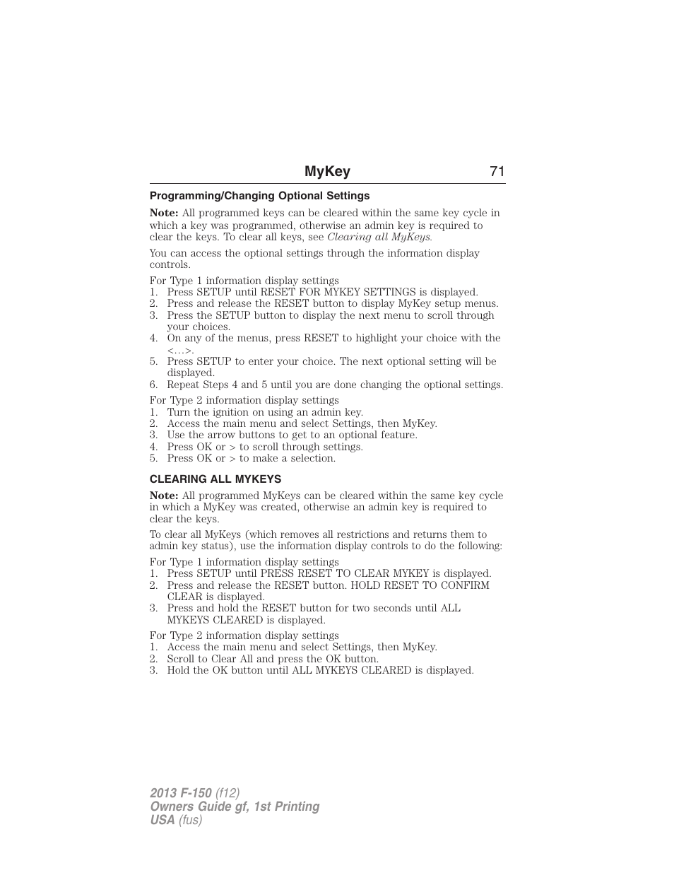 Programming/changing optional settings, Clearing all mykeys, Clearing | Mykey 71 | FORD 2013 F-150 v.1 User Manual | Page 71 / 570
