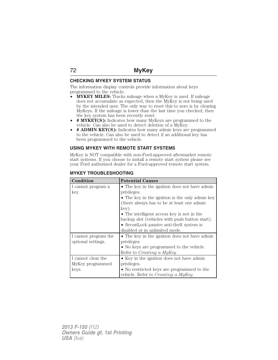 Checking mykey system status, Using mykey with remote start systems, Mykey troubleshooting | System status, Remote start, mykey, Troubleshooting, mykey, 72 mykey | FORD 2013 F-150 v.1 User Manual | Page 72 / 570