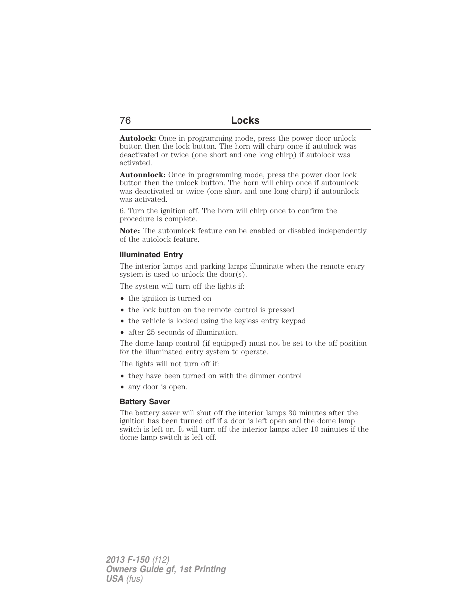 Illuminated entry, Battery saver, 76 locks | FORD 2013 F-150 v.1 User Manual | Page 76 / 570