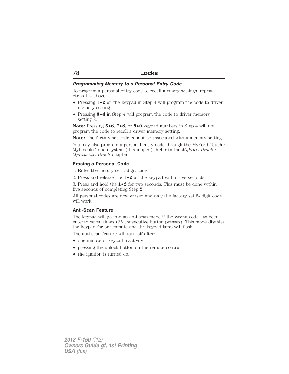 Programming memory to a personal entry code, Erasing a personal code, Anti-scan feature | 78 locks | FORD 2013 F-150 v.1 User Manual | Page 78 / 570