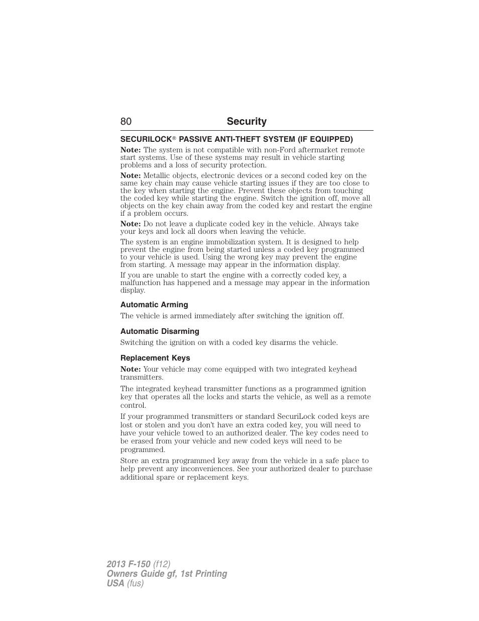 Security, Automatic arming, Automatic disarming | Replacement keys, Securilock, Passive anti-theft system, 80 security | FORD 2013 F-150 v.1 User Manual | Page 80 / 570