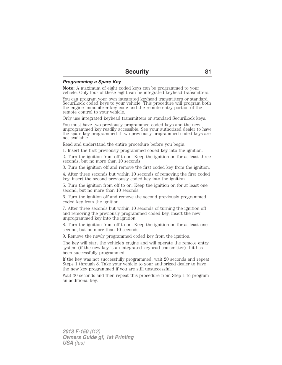 Programming a spare key, Security 81 | FORD 2013 F-150 v.1 User Manual | Page 81 / 570